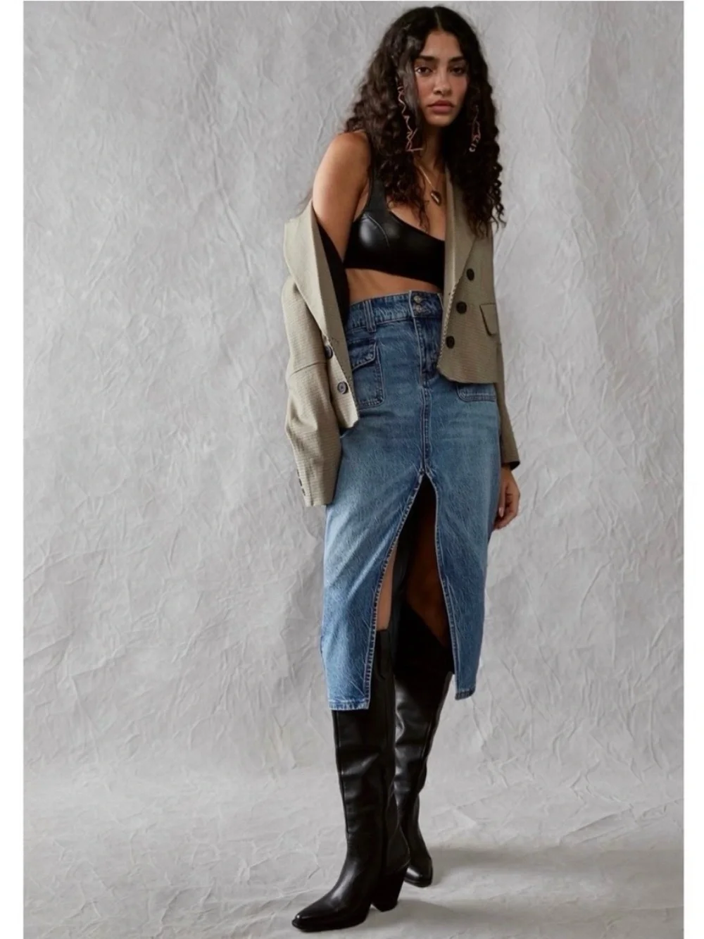 We The Free Madison Midi Long Denim Skirt 32 Front Split Indie Sleaze Streetwear